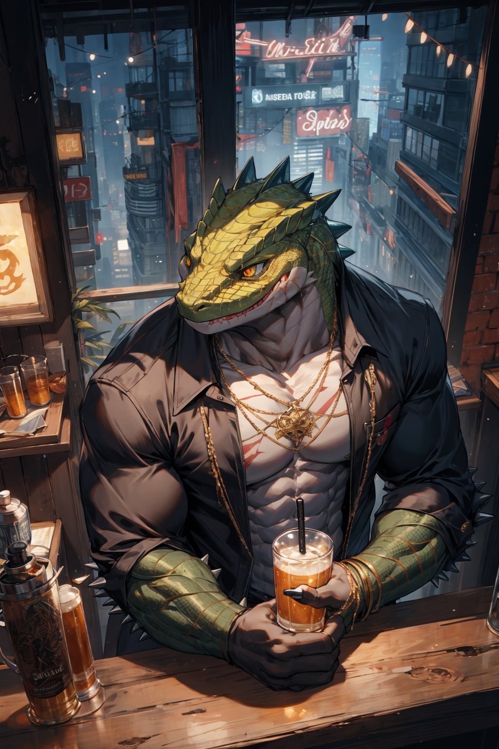 (From above),best hands,best quality, (official art,close-up face:1.15),(ultra detailed 8k art,fantasy),skyscraper,(upper body, focus green lizard man,lizard yellow eyes,anthro:1.2),(gangster,From front,scales),big tattoo on chest BREAK(muscular:1.2) ,(intricately carved gold spikes), metropolis,night party,Drink a large glass of beer,lean on metal railing,(night bar),gold claw BREAK scary face,night view,A black jacket opens,golden chain necklace,old scar on half of face,(anthros crowd),neon light,roll up the sleeves