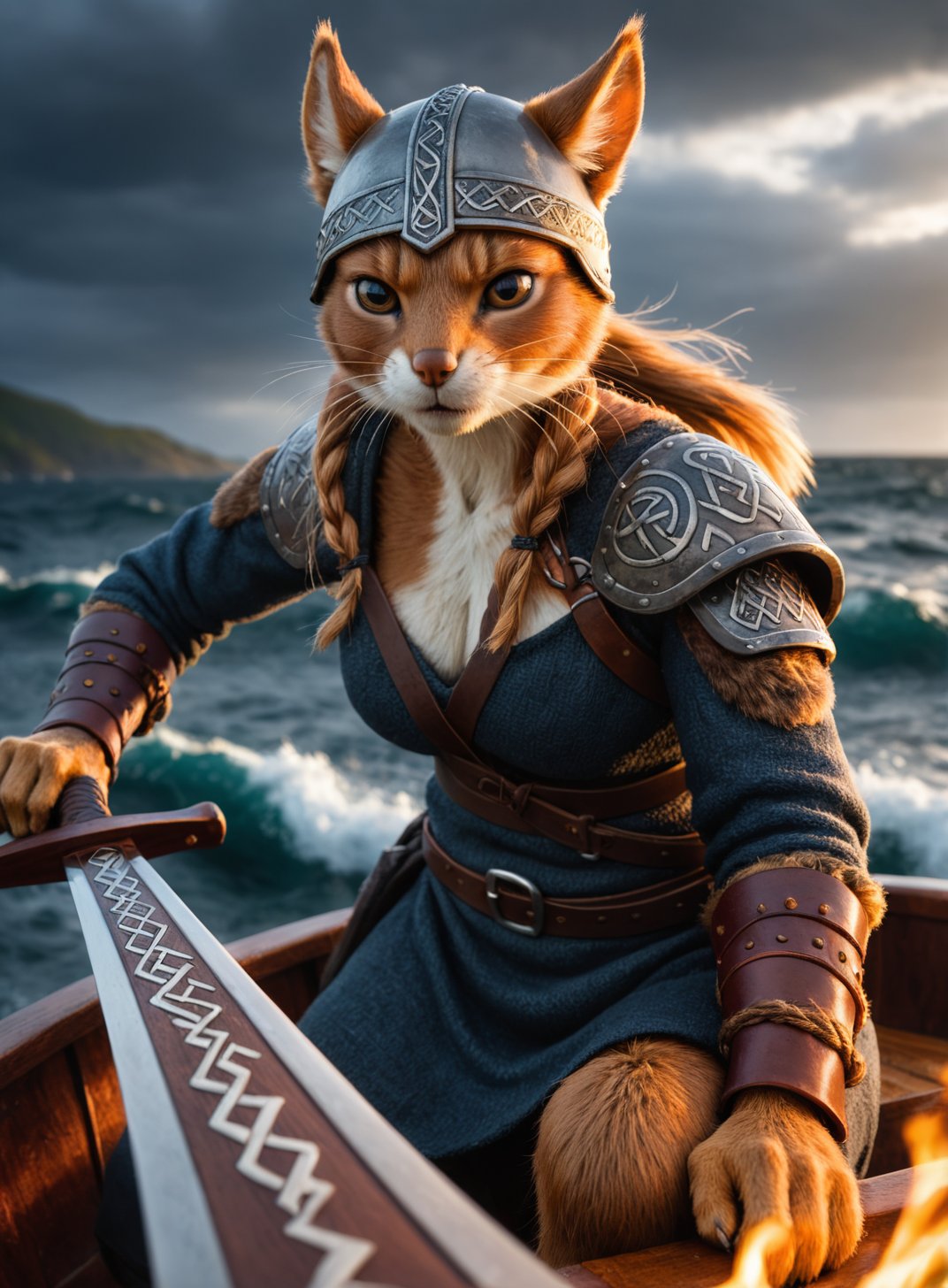 Closeup photo of an anthro viking, squirrel female on his boat , epic pose, natural light, stormy sea, wearing a viking helmet and and viking outfit, runes , angry , burning viking ship in the background, holding a  viking sword with glowing runes, high quality photography, 3 point lighting, flash with softbox, 4k, Canon EOS R3, hdr, smooth, sharp focus, high resolution, award winning photo, 80mm, f2.8, bokeh