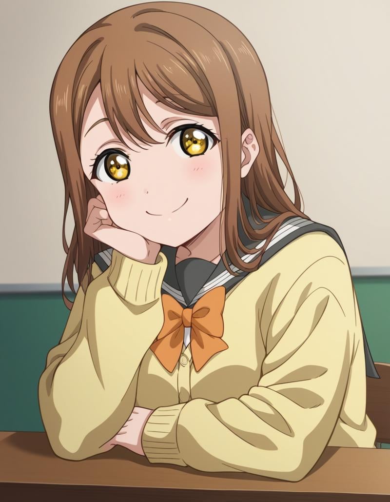 score_9, score_8_up, score_7_up, source_anime, <lora:hanamaru-kunikida-s2-ponyxl-lora-nochekaiser:1>, hanamaru kunikida, long hair, bangs, brown hair, yellow eyes,, long sleeves, bow, school uniform, serafuku, bowtie, cardigan, uranohoshi school uniform, yellow cardigan,, indoors, smile, looking at viewer, solo, sitting, head rest, table,, cowboy shot, dutch angle