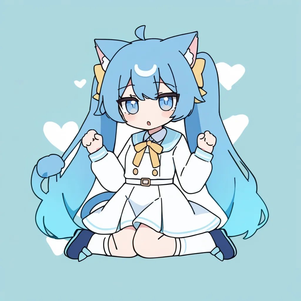 1girl,   yumenouchi chiharu, sakura \(39ra\), tyakomes, henreader, baku-p, daizu \(melon-lemon\), rabbit holequan, light blush, animal ears, blue sailor collar, ribbon, blue hair, bandaid on leg, short twintails, uwabaki, cat tail, bandaid, low twintails, blue footwear, shoes, buttons, dress, sitting, :o, sailor dress, sailor collar, cat girl, kneehighs, collared dress, yellow ribbon, socks, medium hair, parted lips, hair rings, wariza, neck ribbon, blue eyes, tail, cat ears, white socks, looking at viewer, twintails, white dress, long sleeves, solo, masterpiece, newest, absurdres, safe <lora:rabbit_hole:1>