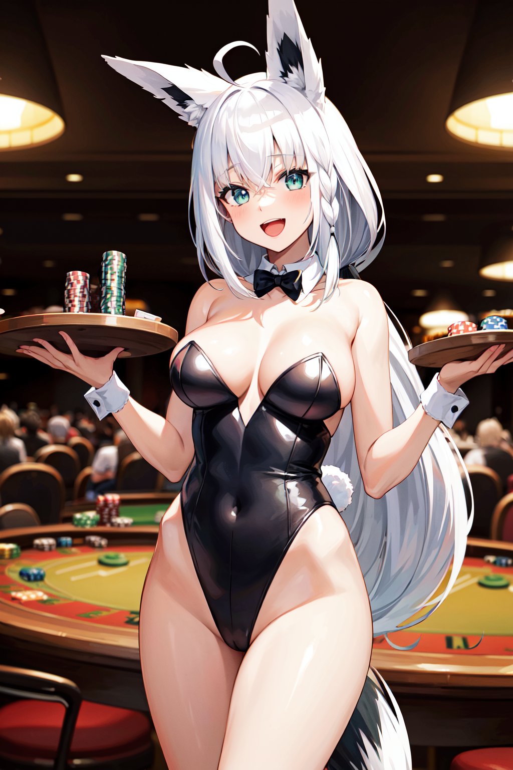 masterpiece, best quality, highres, aafbk, long hair, ahoge, animal ears, fox tail, breasts, <lora:shirakami_fubuki_v1:0.8>, playboy bunny, highleg leotard, casino, holding tray, smile, open mouth, standing