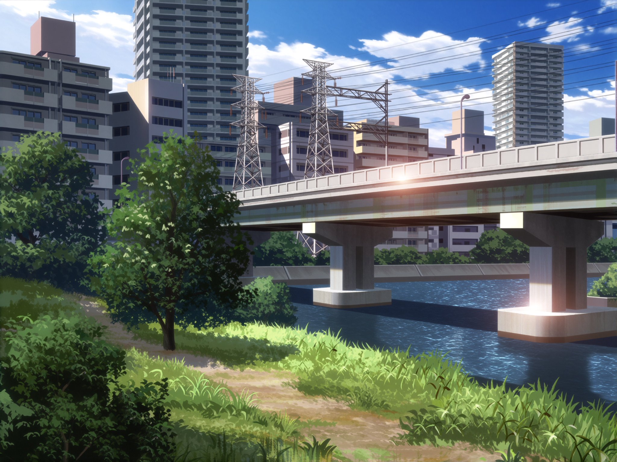 An anime-style depiction of a Tokyo cityscape unfolds under a bright blue sky with fluffy white clouds. The scene captures...