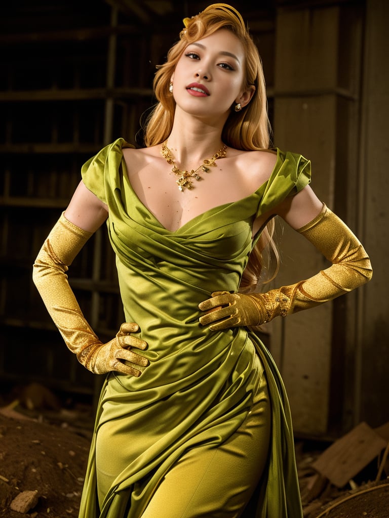 1girl, long blonde hair, dark abandoned warehouse, shocked(score_9, score_8_up:1.1),score_7_up,score_6,raw photo, photorealistic, realistic, slim body, small breast, green satin dress, gold satin gloves <lora:DA_CindarellaKateDressLora-000177:0.8>messy wam wet, in the mud, mud on dress, dirt on dress, 