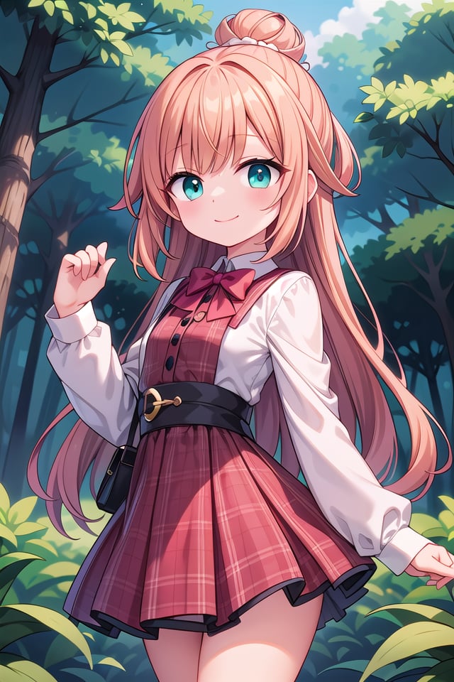 insanely detailed, absurdres, ultra-highres, ultra-detailed, best quality,1girl, solo, nice hands, perfect handsBREAKjirai kei,plaid skirt, shirt, long sleeves, bow, blue skirt, white shoulder frilly shirt, outdoors, blue bow, long hair, (cleavage:-1.5)BREAKhappy smile, laugh, closed mouthBREAKstanding, cowboy shot, looking at viewerBREAKslender, kawaii, perfect symmetrical face, ultra cute girl, ultra cute face, ultra detailed eyes, ultra detailed hair, ultra cute, ultra beautifulBREAKin forest, depth of field, ultra detailed backgroundBREAKmedium large breastsBREAKorange hair, green eyes, topknot,