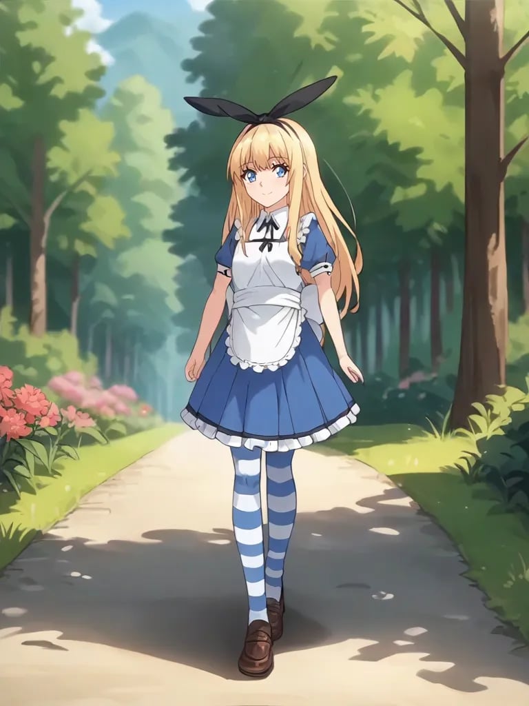 score_9, score_8_up, score_7_up, source_anime, 2d, anime_screenshot <lora:onigokkoalicepony:1>,1girl, solo, aliceonigokko, blonde hair, long hair, blue eyes, black hairband, blue dress, short sleeves, apron, striped pantyhouse, loafers, walking, forest, path, flowers, smile