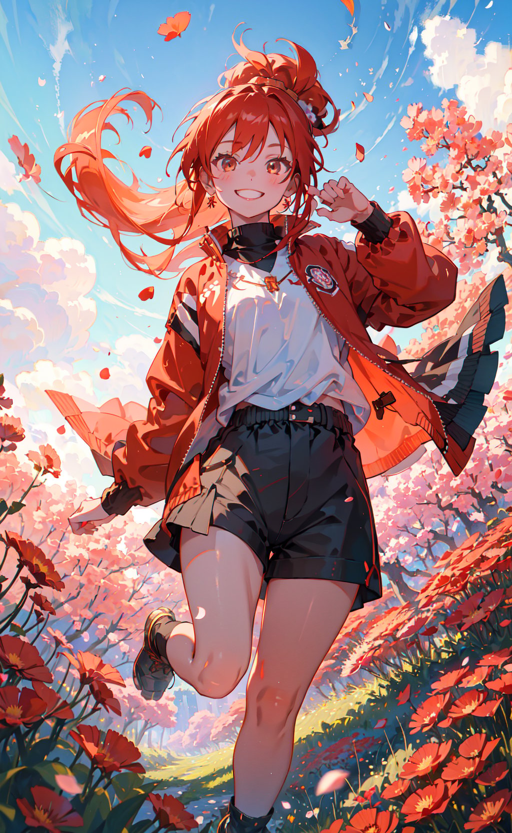 fisheye lens, masterpiece, best quality, 1girl, jumping in a field of red flowers, (petals:1.2), red ponytail, long hair, oversized track jacket, shorts, jewelry, smile, sky, (from below:0.9)