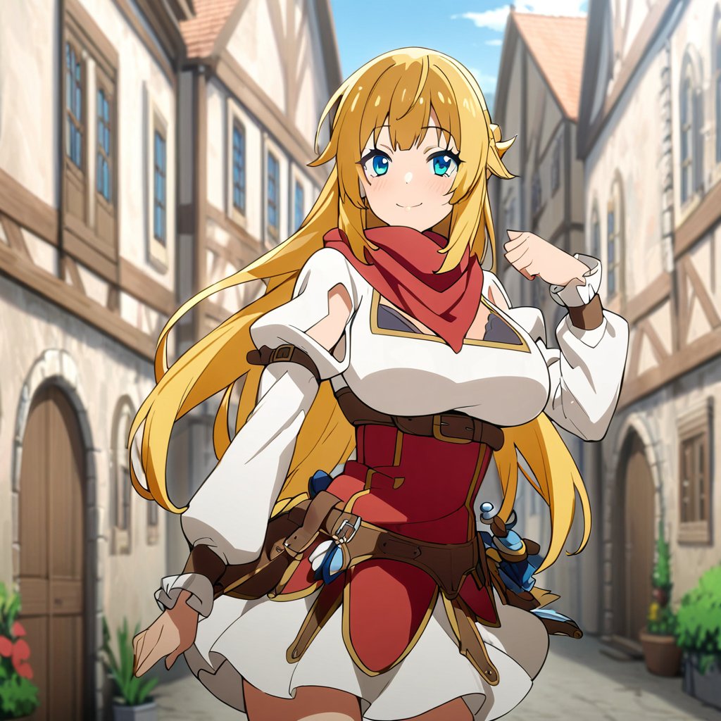 cowboy shot, ritto, 1girl, solo, red scarf, rittowhite dress, best quality, medieval town, standing,  <lora:ritto test 614 1:1>