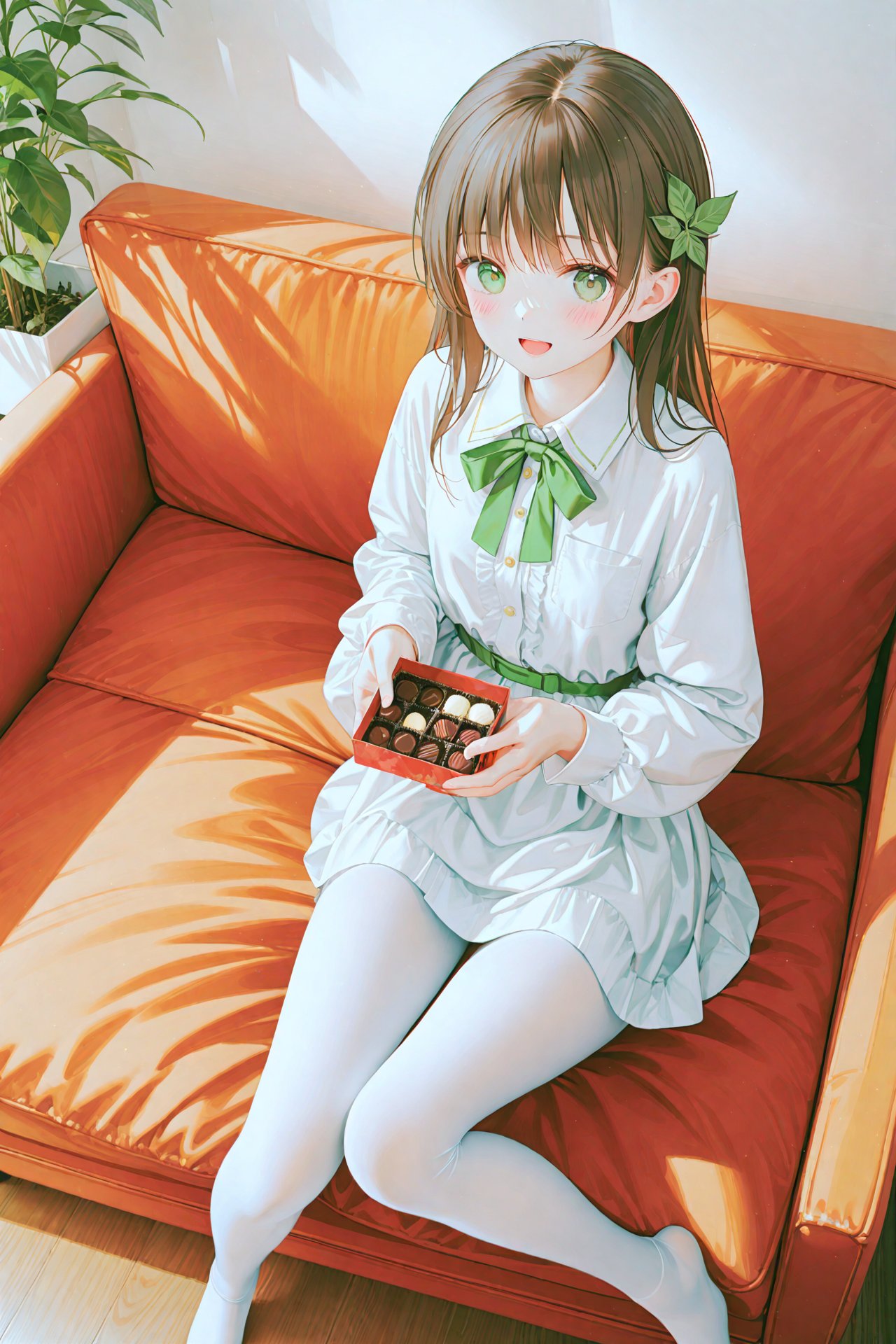 masterpiece,best quality,illustration,ultra detailed,hdr,Depth of field,(colorful),[iumu],[Artist chen bin],Artist himitsu_(hi_mi_tsu_2),1girl,solo,hair_ornament,pantyhose,sitting,long_hair,green_eyes,looking_at_viewer,brown_hair,dress,open_mouth,shirt,white_shirt,white_pantyhose,indoors,no_shoes,blush,long_sleeves,bangs,chocolate,bow,leaf_hair_ornament,couch,box,food,holding,valentine,dated,from_above,breasts,smile,collared_shirt,