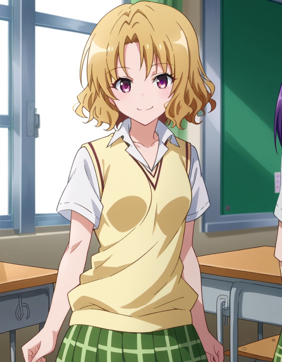 score_9, score_8_up, score_7_up, source_anime,risamomioka, <lora:risa-momioka-darkness-ponyxl-lora-nochekaiser:1>,risa momioka, short hair, blonde hair, wavy hair, parted bangs, purple eyes,green skirt, plaid, plaid skirt, sainan high school uniform, school uniform, skirt, sweater vest, thighhighs, yellow sweater, short sleeves, bow, green bow,indoors, classroom, smile,looking at viewer, cowboy shot, dutch angle,