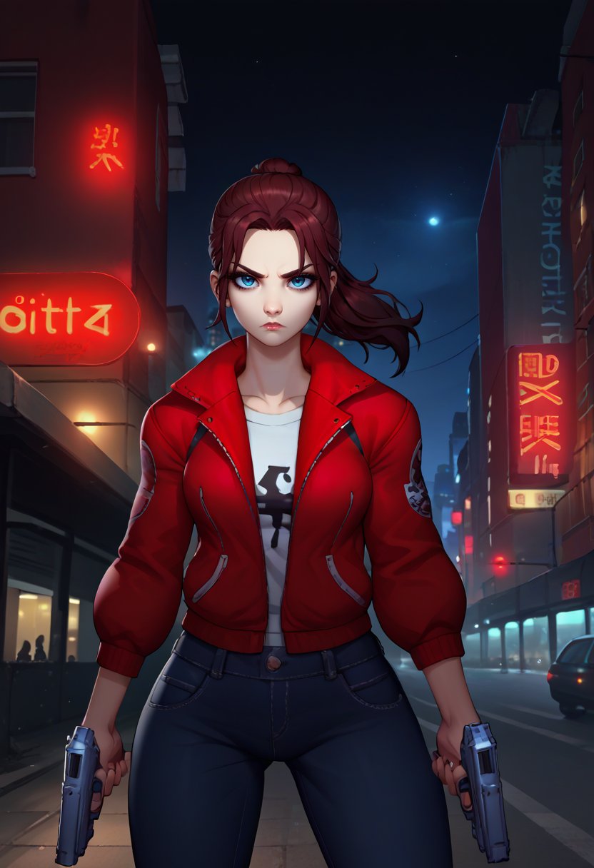 score_9, score_8_up, score_7_up, source_anime, solo, 1girl, l4dzoey, expressionless, looking at viewer, holding handgun, dual wielding, ponytail, red jacket, jeans, night, outdoors, city street <lora:l4d_zoey_ponyXL:1>