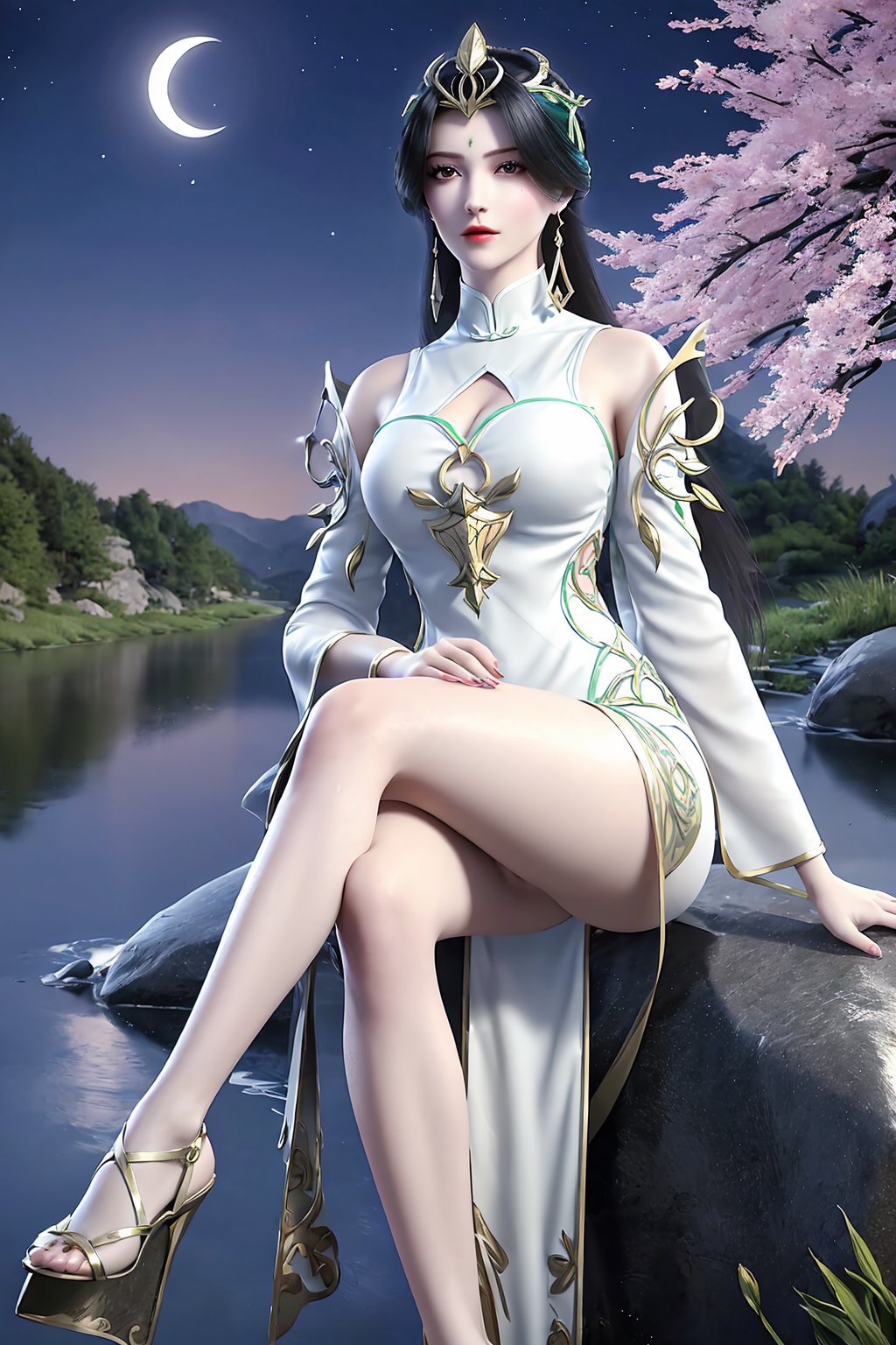 sitting, (crossed_legs), dress, chinese_clothes, long_sleeves, looking_at_viewer, (scenery, waterfall, cherry_blossoms, milfeulle_sakuraba, full_moon, moon, night, moonlight, night_sky, sky, petals, water, stone),1girl, solo, black_hair, long_hair, hair_ornament, forehead_mark, facial_mark, jewelry, earrings,  (dress,  chinese_clothes, long_sleeves,  armor,  shield),  (cleavage), white_legwear, fingernails, nail_polish, makeup,(slender:1.3),photo_\(medium\),(8k, RAW photo, best_quality), (masterpiece:1.2),(realistic), (photorealistic:1.3), (ultra-detailed),(extremely_detailed_cg_8k_wallpaper),(crystal_texture_skin:1.3), (pale skin:1.4), (shiny:1.2),(shiny_skin:1.4),(extremely_delicate_and_beautiful),<lora:syqiangk_加强_重置_柳神_C9_5.2:0.8>,