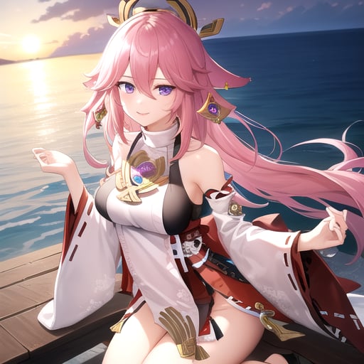 ((masterpiece)),(best quality),official art,extremely detailed CG,unity 8k wallpaper,ultra detailed,A lighthouse on a cliff by the sea,1girl,solo,upper body,looking at viewer,pink_hair,low-tied_long_hair,purple_eyes,large_breasts,detached_sleeves,jewelry,sandals,wide_sleeves,earrings,animal_ears,bare_legs,bare_shoulders,hair_between_eyes,hair_ornament,fox_ears,japanese_clothes,very_long_hair,anklet,bangs,smile,white_shirt,nontraditional_miko,long_sleeves,<lora:Yaemiko(gen)>,