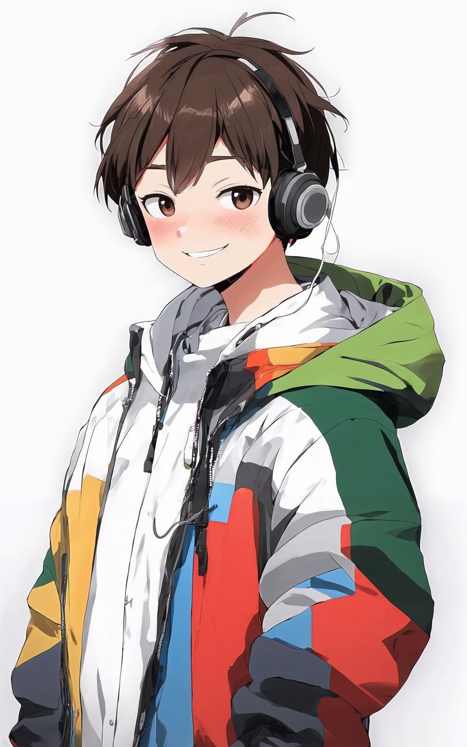 anime style, looking at viewer,blush,smile,short hair,bangs,brown hair,shirt,black hair,1boy,white background,brown eyes,closed mouth,jacket,upper body,male focus,hood,from side,open jacket,looking to the side,headphones,white jacket,hood down,wind,hooded jacket,multicolored clothes,headphones around neck,multicolored jacket