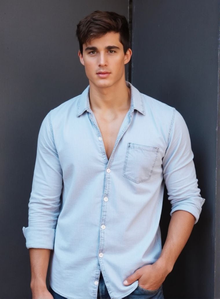 Pietro4Bo4 ,  stands confidently in front of a dark gray wall. He wears a light denim shirt,  unbuttoned at the top by Hot...
