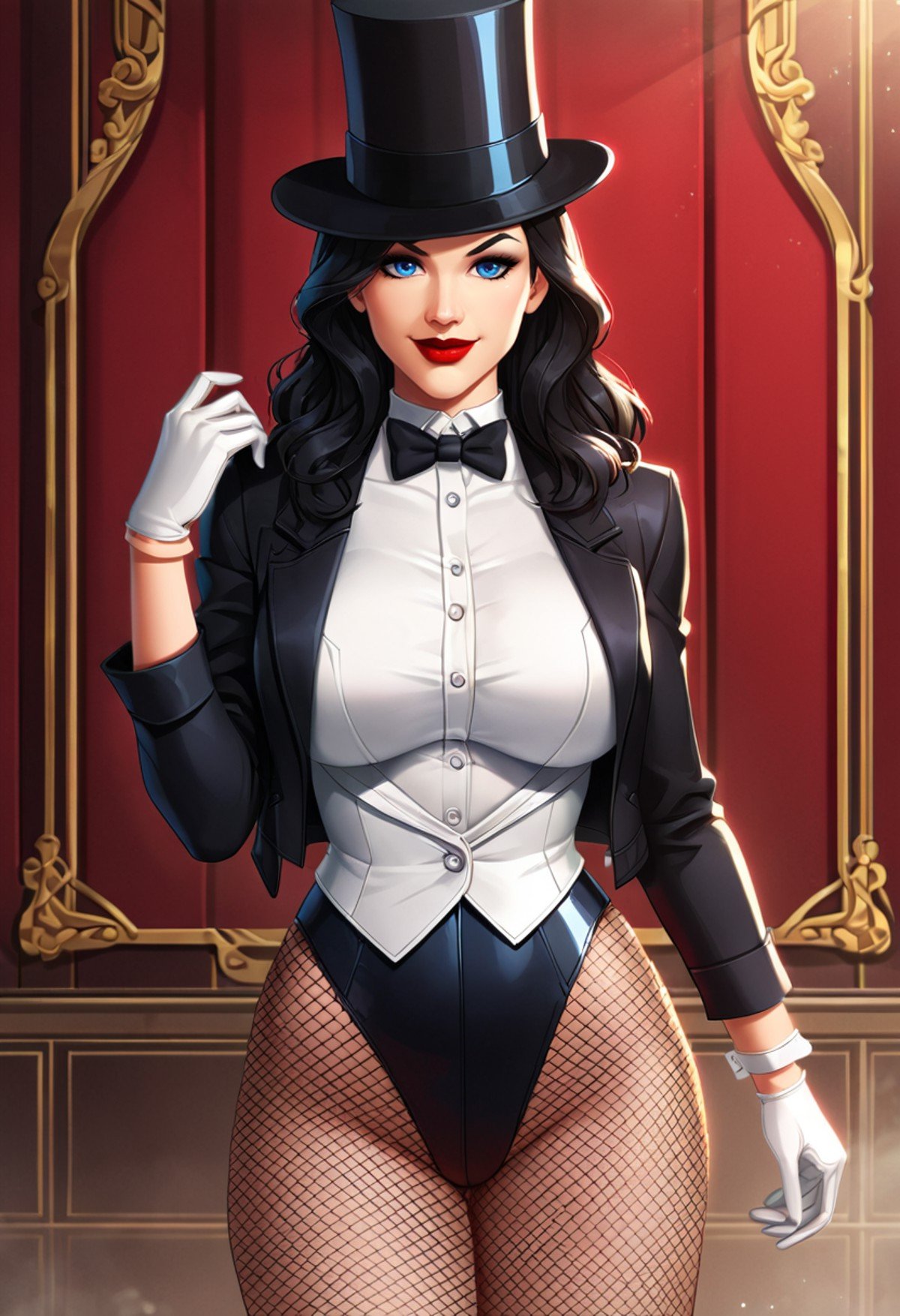 PonyXLV6_Scores ,source_anime, masterpiece,best quality, highly detailed,<lora:xl_more_art-full_v1:0.8>,cinematic,unity 8k wallpaper, amazing quality, masterpiece, best quality, hyper detailed, ultra detailed, UHD, perfect anatomy,BREAK <lora:zatanna:0.8>zatanna,1girl, pantyhose, solo, black hair, hat, gloves, bowtie, bow, fishnets, top hat, breasts, blue eyes, fishnet pantyhose, white gloves, long hair, shirt, looking at viewer, black headwear, white shirt, black bow, leotard, smile, large breasts, black bowtie, makeup, jacket, black jacket, red lips, cowboy shot, lipstick,room