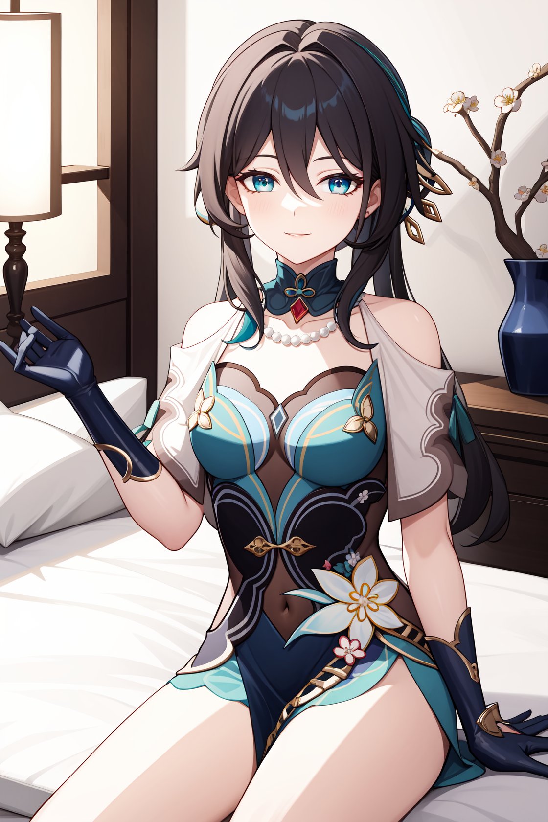 ruanmei,bangs,long hair,dress,gloves,hair between eyes,jewelry,hair ornament,blue eyes,black hair,flower,black gloves,blue dress,<lora:阮梅2-000011:1:lbw=role>,indoors,bedroom,sitting on bed,light smile,rosaria,, 1girl,,  (masterpiece,best quality:1.2),absurdres