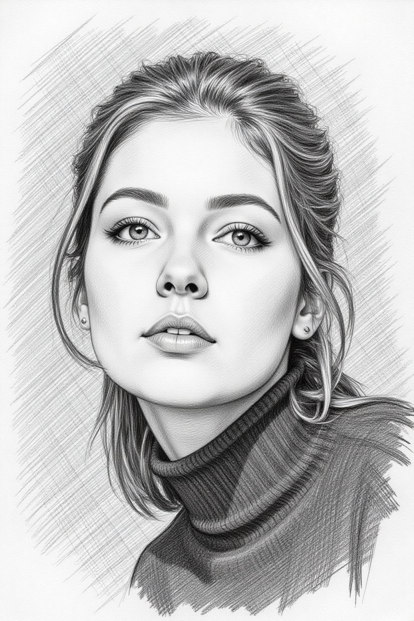 Pencil drawing,  { "prompt": "Graphite pencil sketch of a woman in a high-angle close-up portrait.",  "person": "A young w...
