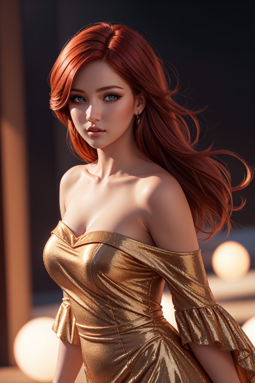 realistic photography,beautiful redhead girl,off shoulder paillette dress,cinematic lighting,perfect shading,dynamic angle,amazing composition,detailed