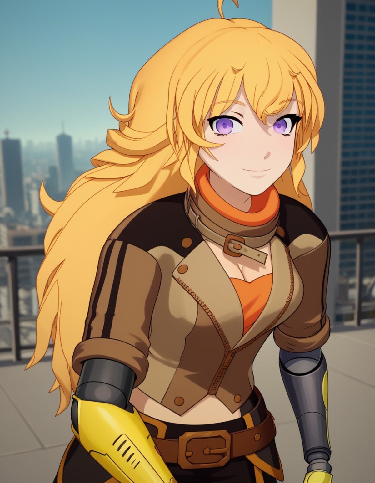 score_9, score_8_up, score_7_up, source_anime, <lora:yang-xiao-long-ponyxl-lora-nochekaiser:1>, yang xiao long, long hair, blonde hair, purple eyes, ahoge, bangs,, cleavage, jacket, belt, mechanical arms, single mechanical arm, prosthesis, prosthetic arm,, cityscape, street, bent over, smile, looking at viewer, solo, cowboy shot, dutch angle