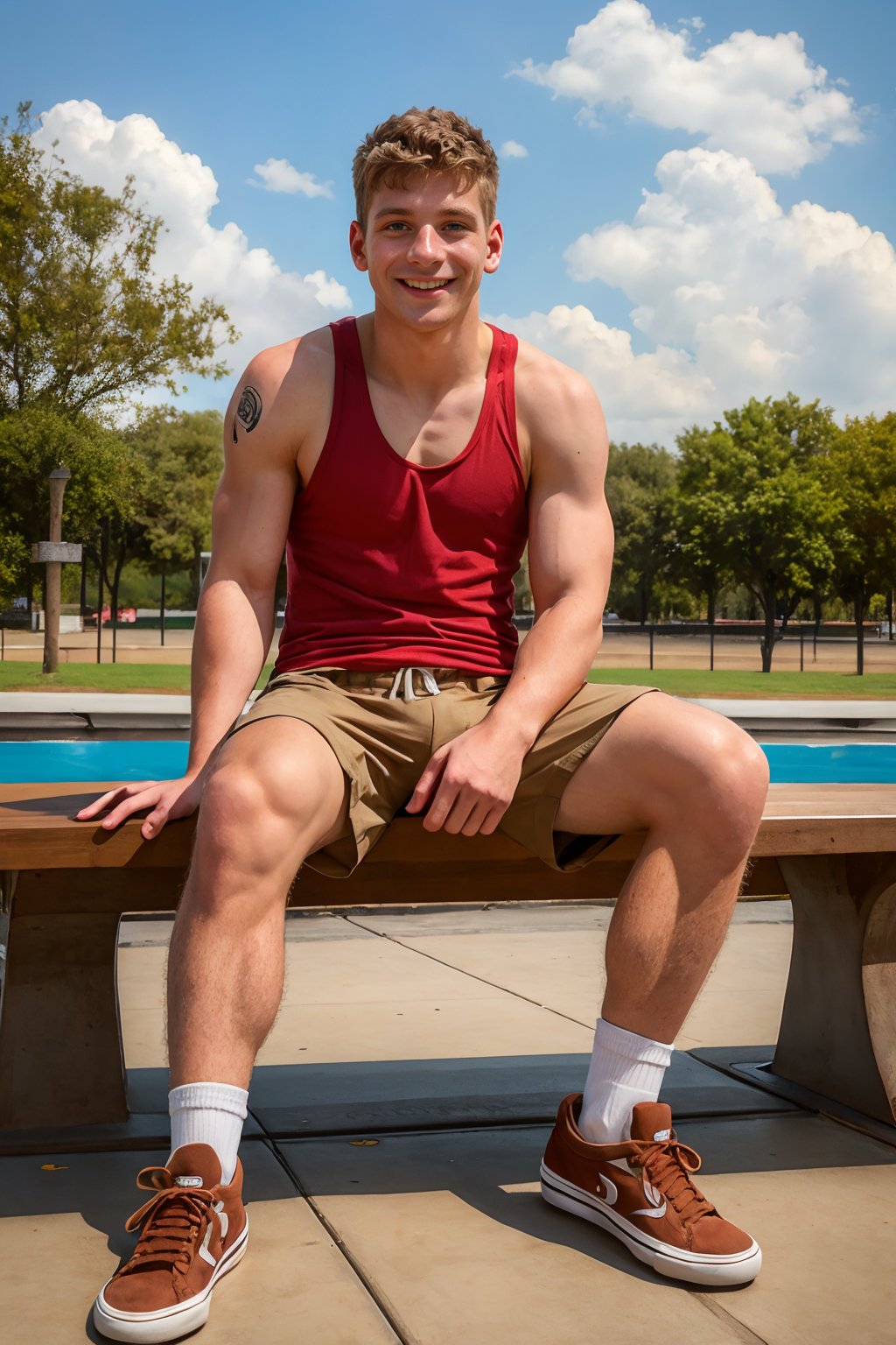 skateboarding park,  sitting on bench,  BrandonPMyers by txhorn75 on Tensor.Art