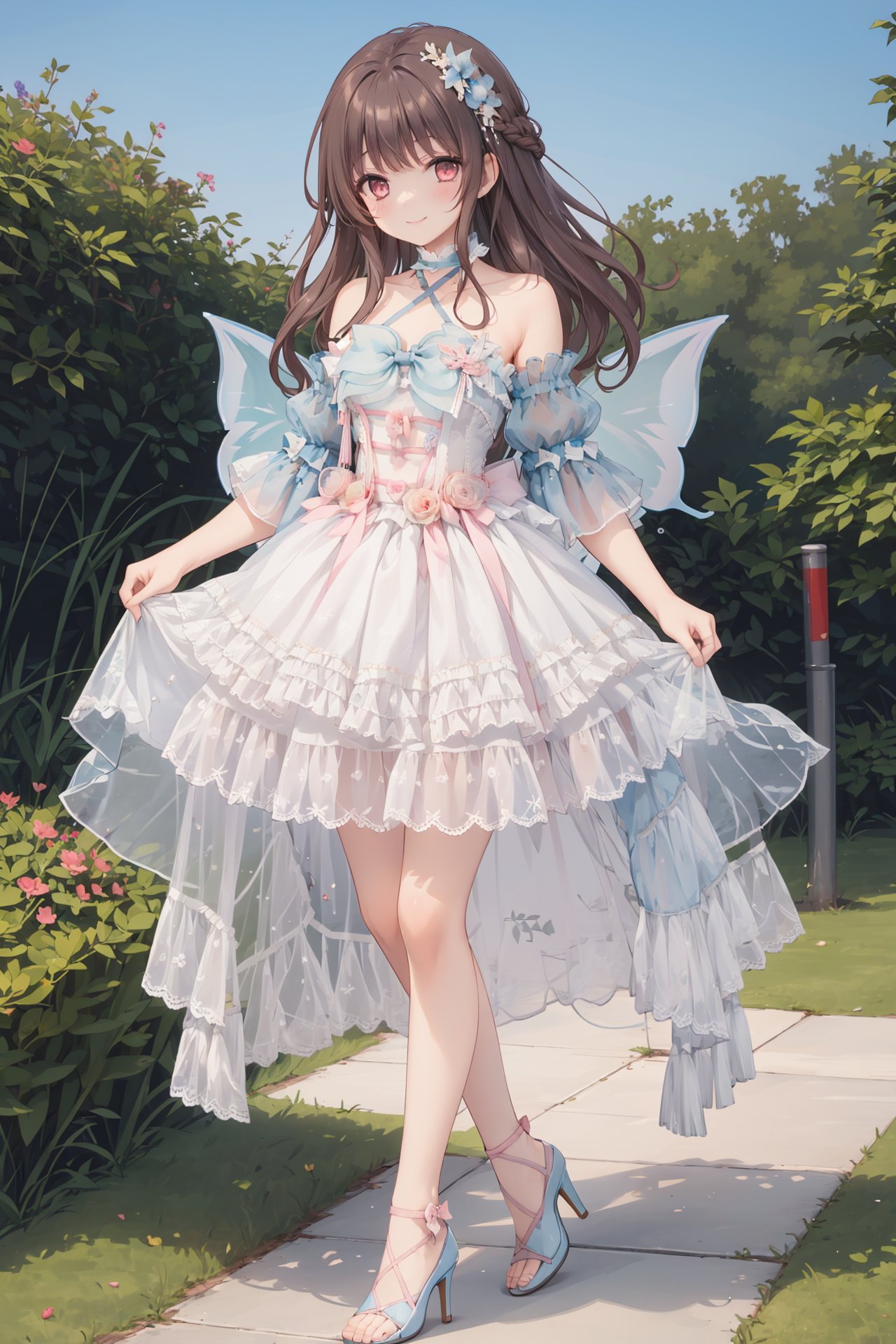 (full body:1.2),1girl,solo, <lora:Aoi2:0.5>aoisan,red eyes,brown hair,long hair,smile,outdoors,liquid blue sky,standing on one leg,high heels,  <lora:butterfly_v1.5:1>,dress bow,layered dress,choker,butterfly wings,hair flower,long dress,pink dress,pink sleeves