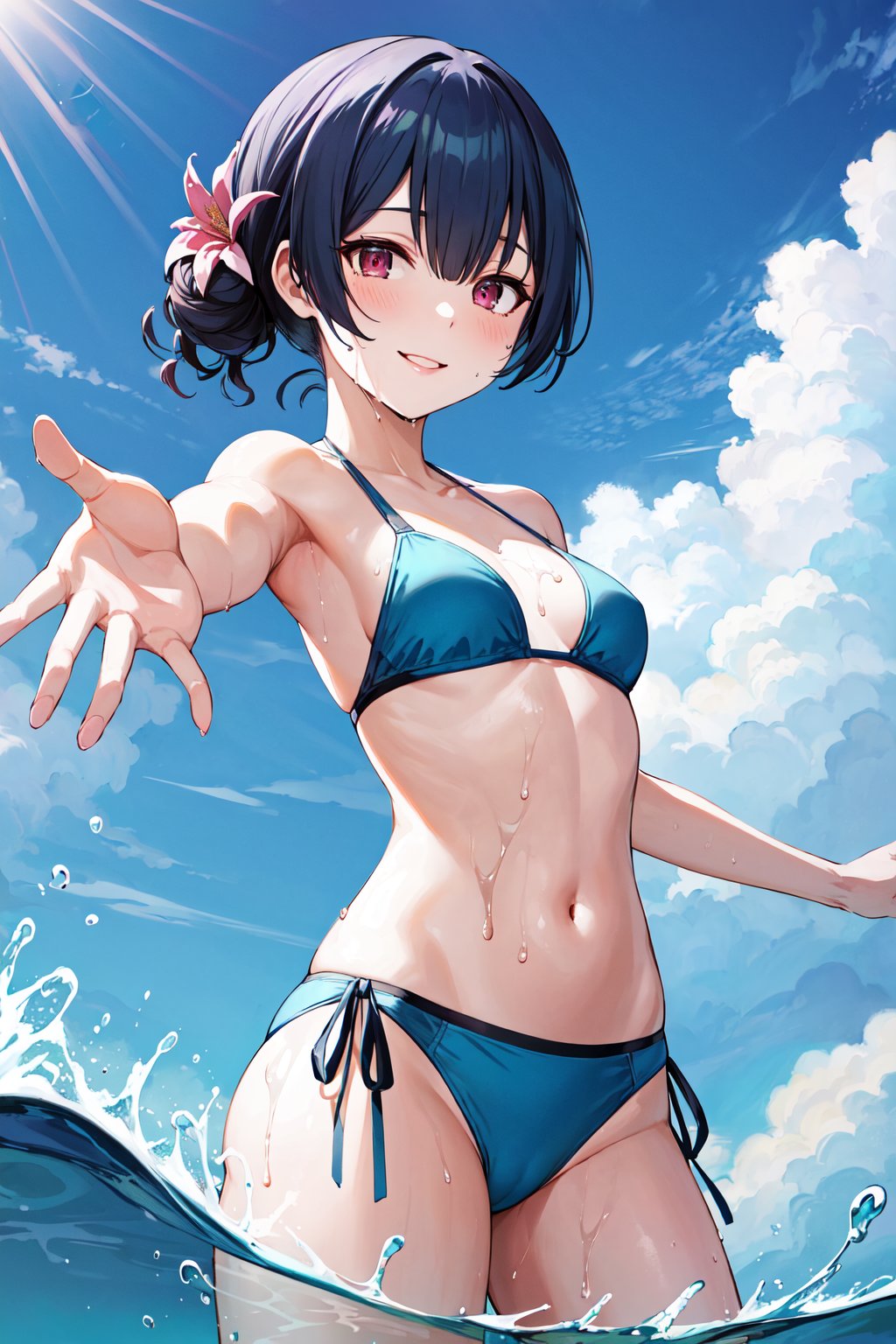 masterpiece, best quality, highres, aarinze, short hair, single hair bun, hair flower, <lora:morino_rinze_v1:0.7>, small breasts, bikini, swimsuit, smile, wet, partially submerged, cowboy shot, reaching out, ocean, blue sky,