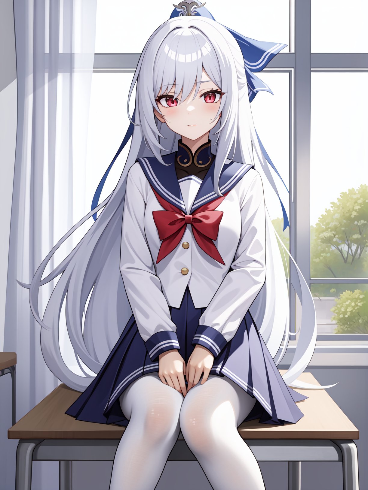 <lora:jingliu-000012:0.75>,jingliu,1girl,solo,long hair,red eyes,bangs,white hair,very long hair,school uniform,classroom,jk,serafuku,white silk stockings,white tights,hair bow,, 1girl,,  (masterpiece,best quality:1.2),absurdres