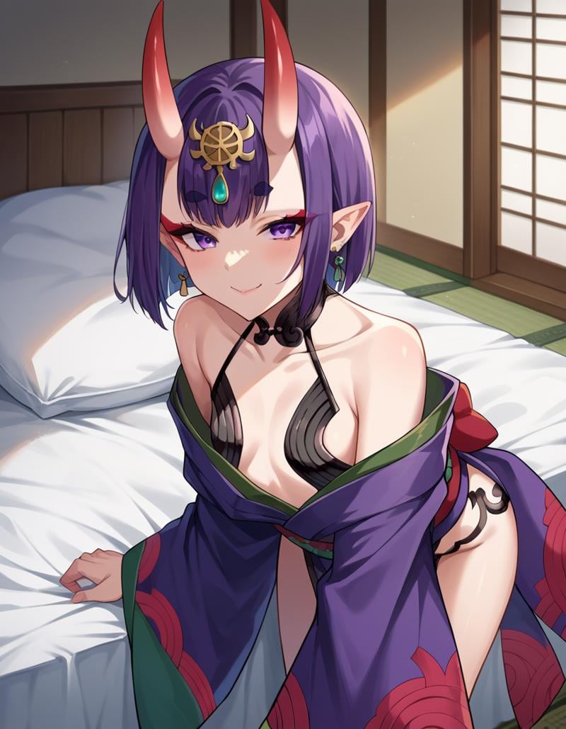 score_9, score_8_up, score_7_up, source_anime,shutendouji, <lora:shuten-douji-ponyxl-lora-nochekaiser:1>,shuten douji, purple eyes, earrings, eyeshadow, horns, makeup, oni horns, purple hair, red eyeshadow, short eyebrows, short hair, single earring, pointy ears, smile,bare shoulders, collarbone, japanese clothes, jewelry, long sleeves, revealing clothes, wide sleeves,indoors, bed, bed room, bent over,looking at viewer, dutch angle, cowboy shot,