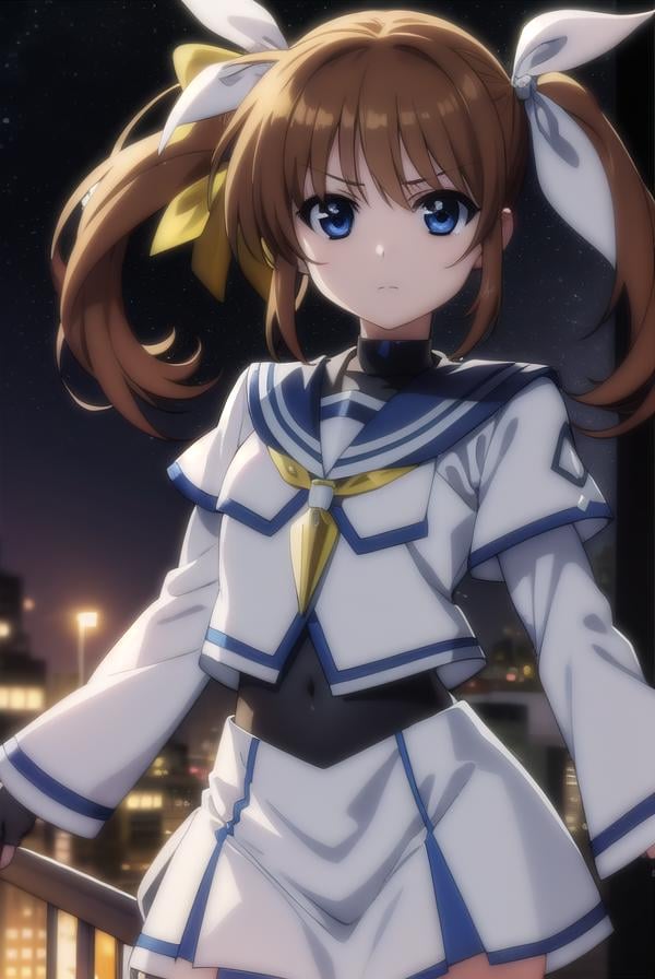 nanohatakamachi, <lora:nanoha takamachi movie2-lora-nochekaiser:1>,nanoha takamachi, takamachi nanoha, brown hair, twintails, blue eyes,BREAK gloves, long sleeves, wings, fingerless gloves, magical girl, winged footwear,BREAK outdoors, city, night, starry sky,BREAK looking at viewer, (cowboy shot:1.5),BREAK <lyco:GoodHands-beta2:1>, (masterpiece:1.2), best quality, high resolution, unity 8k wallpaper, (illustration:0.8), (beautiful detailed eyes:1.6), extremely detailed face, perfect lighting, extremely detailed CG, (perfect hands, perfect anatomy),