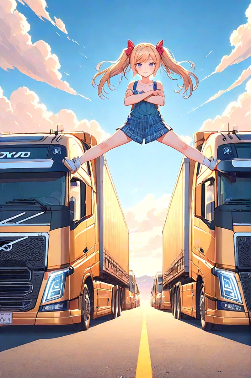 source_anime, score_9, score_8_up, score_7_up, score_6_up, score_5_up, score_4_up, wide shot, big truck, golden truck, epic split, crossed arms, spread legs, outstretched leg, sky, wind, volvo, desert road, center line, distant sierra, vanishing point, headlight, closed mouth, blonde hair, twintails, hair bow, naked overalls, plaid skirt, sneakers, solo, 1girl, looking at viewer, <lora:girllikeepicsplit_pony:1>