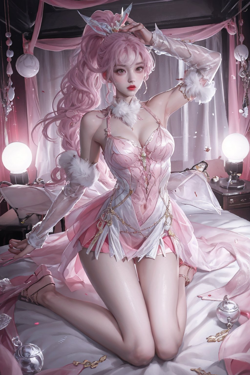 solo,1girl,dress,pink skirt,high ponytail,pink-haired girl \(kay yu\),high heels,bunny ears,thigh gap,<lora:future0516-xiaowu:0.8>,bedroom,wariza,, best quality,masterpiece,highres,official art,extremely detailed cg unity 8k wallpaper,