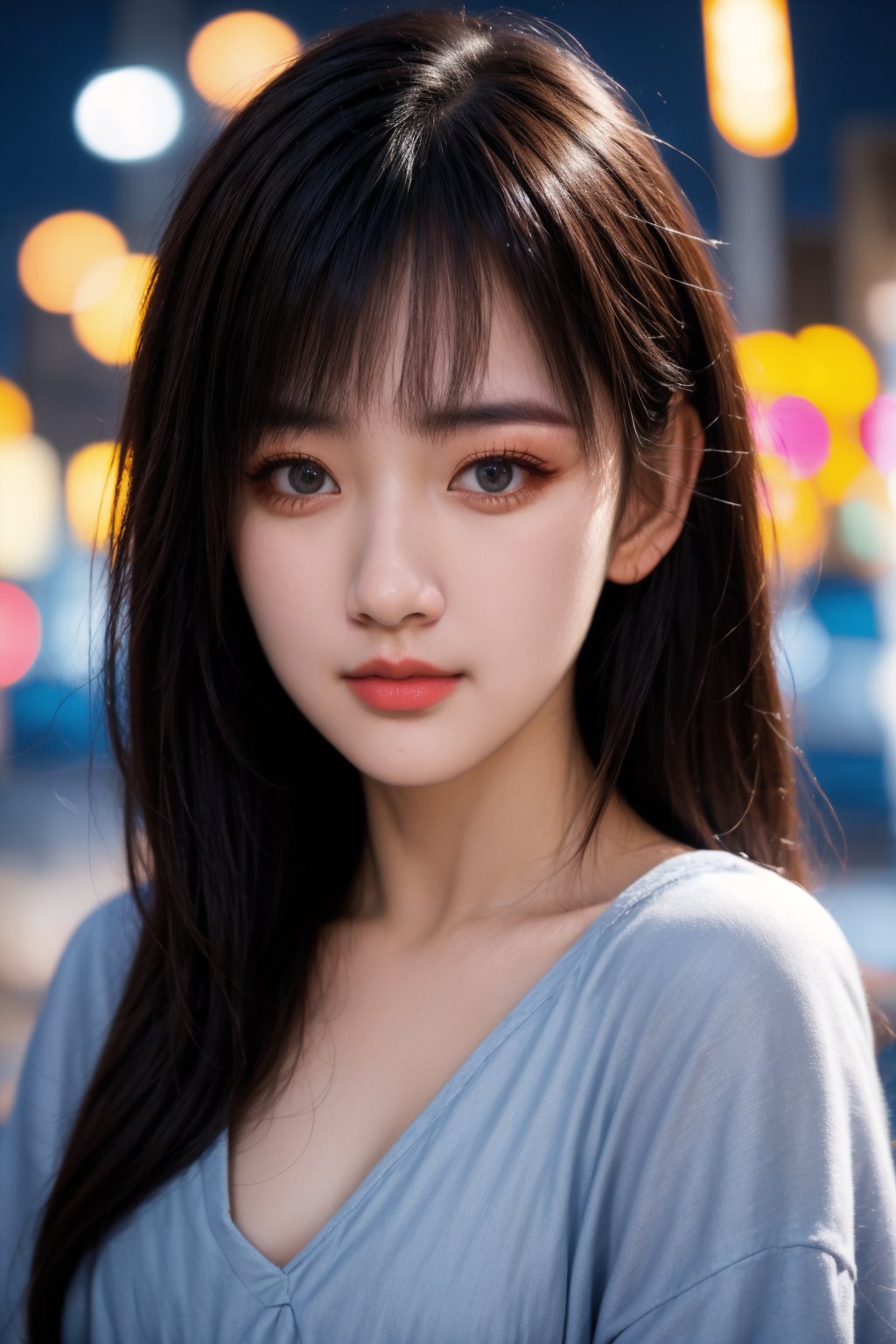 instagram photo, closeup face photo of 18 y.o  woman in dress, beautiful face, makeup, night city street, bokeh,