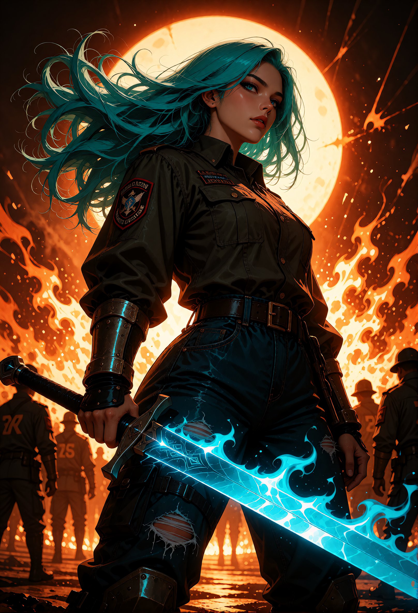 A dramatic and powerful digital illustration from a low-angle perspective,  depicting a powerful female warrior stands con...