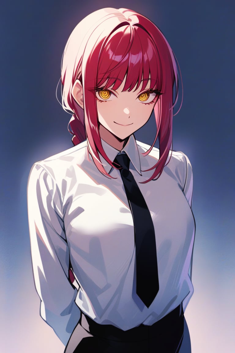 solo, 1girl, makima, smile, closed mouth, looking at viewer, arms behind back, braided ponytail, ringed eyes, white shirt, black necktie, long sleeves, black pants  <lora:MakimaXLV7-000003:1>