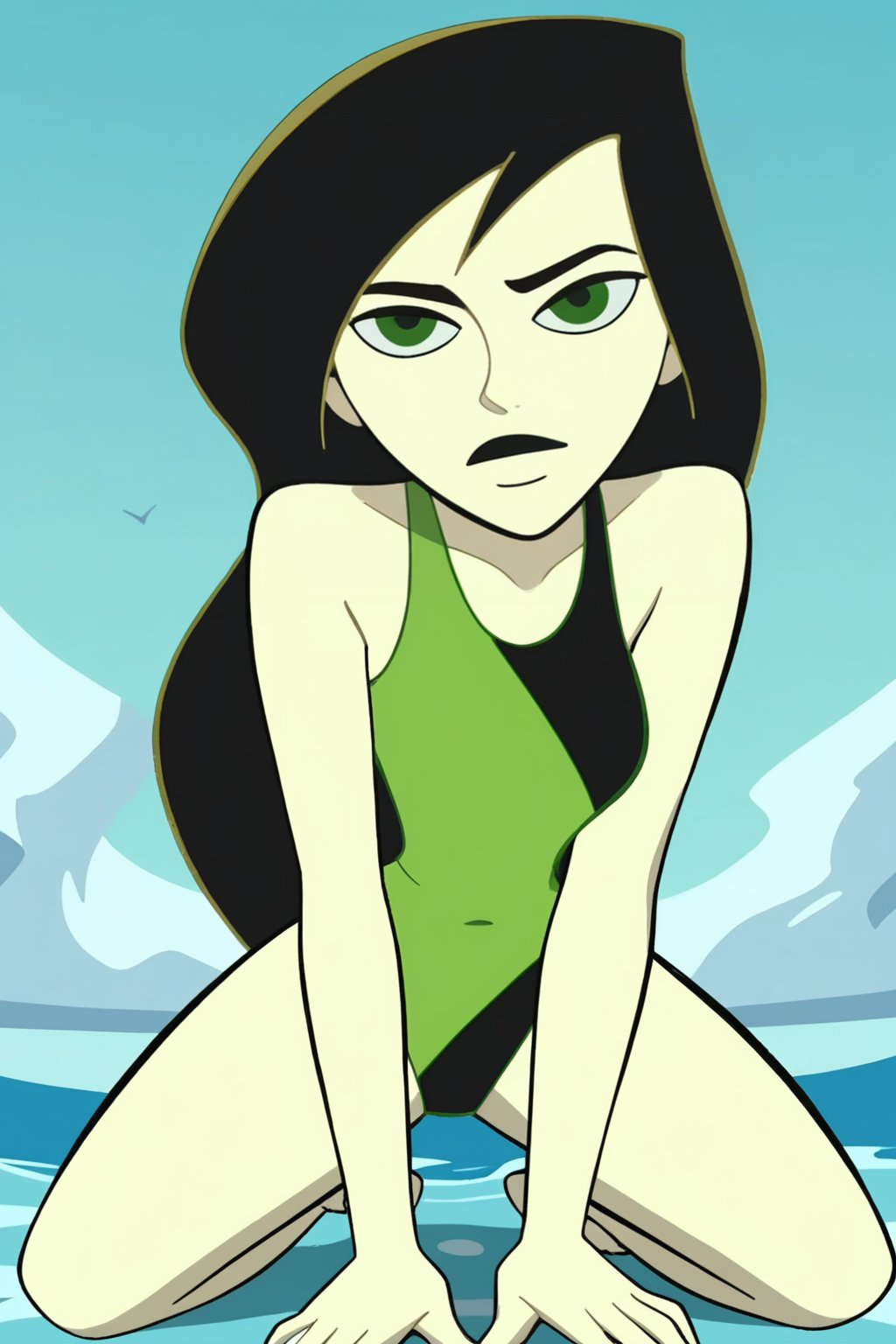 score_9, score_8_up, score_7_up, score_6_up, score_5_up, score_4_up, BREAK, pov, <lora:Go:1>, 1girl, Go, colored skin, green skin, black lipstick, black hair, green eyes, green swimsuit, kneeling, looking at viewer, closed mouth