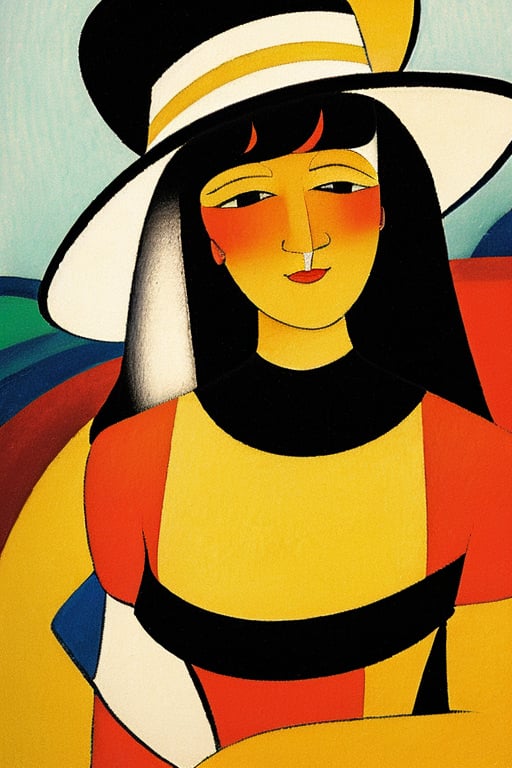 "Create a painting in the style of synthetism, Émile Bernard, and Paul Sérusier. Feature a young woman with dark hair, white hat, the aesthetic considerations of line, color, and form, and emphasize figurative art. Use fully saturated colors.", sks style <lora:Synthetism_Artstyle_v14:1>