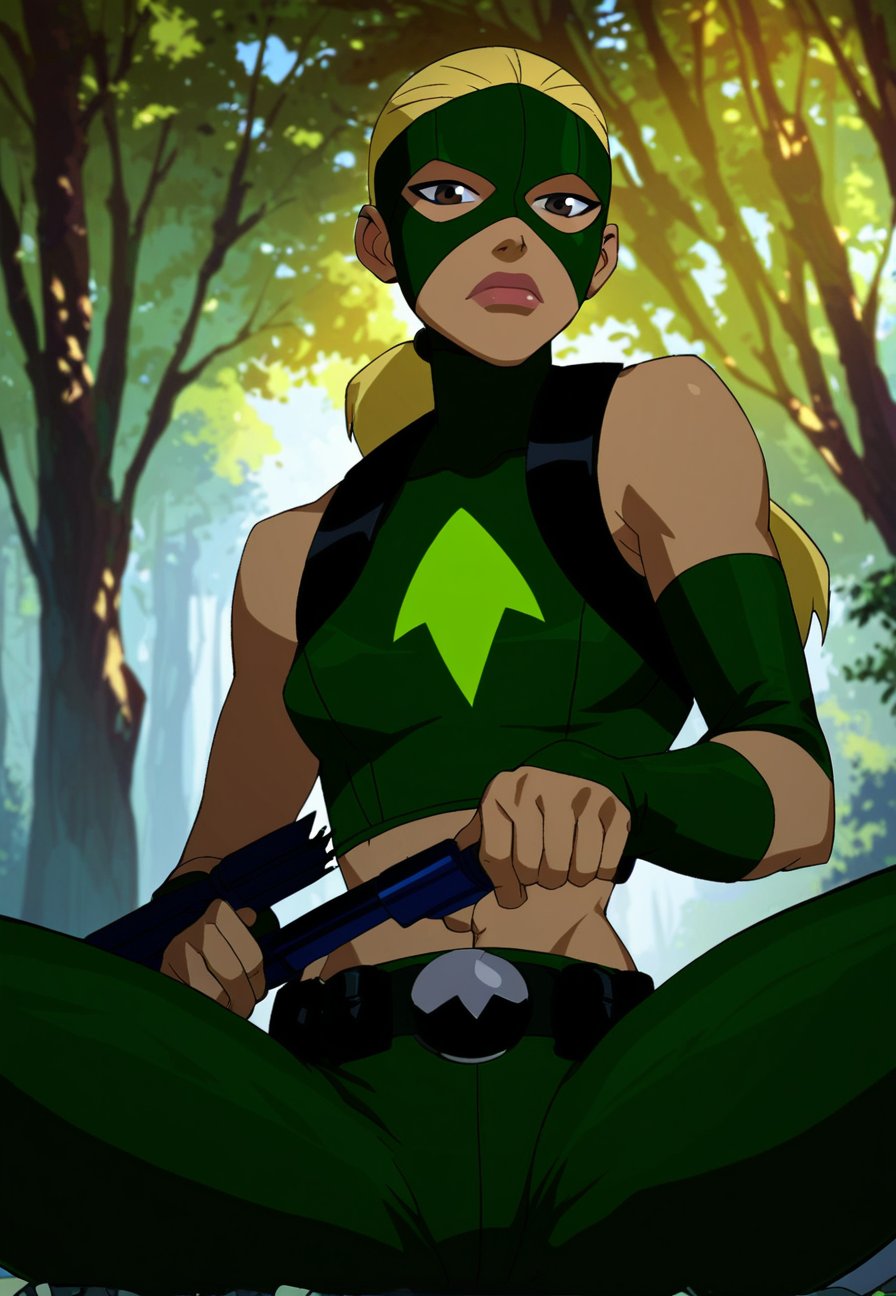 score_9_up, score_8_up, score_7_up, <lora:Young_justice_girls_PDXL_by_paprikalem:0.8>, dc comics, young justice style, flat colors, 1girl, artemis, brown eyes, blonde hair, ponytail, long hair, dark skin, artemis classic costume, green mask, green crop top with arrow logo, gloves, midriff, belt, green pants, sitting, sitting, legs spread, looking at viewer, bored, from below, outdoors, forest, best quality, high quality