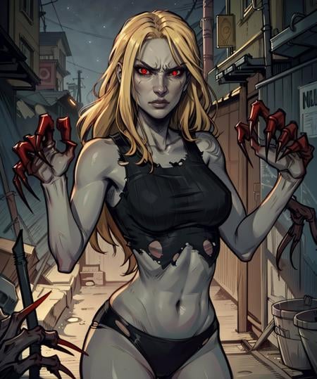 wtchl,long hair,blonde hair,red eyes,grey skin,crop top,torn clothes,underwear,looking at viewer,standing,angry,black claws,horror \(theme\),night,alley,(insanely detailed, beautiful detailed face,beautiful detailed eyes, masterpiece, best quality),solo,<lora:witchL4d:0.8>,