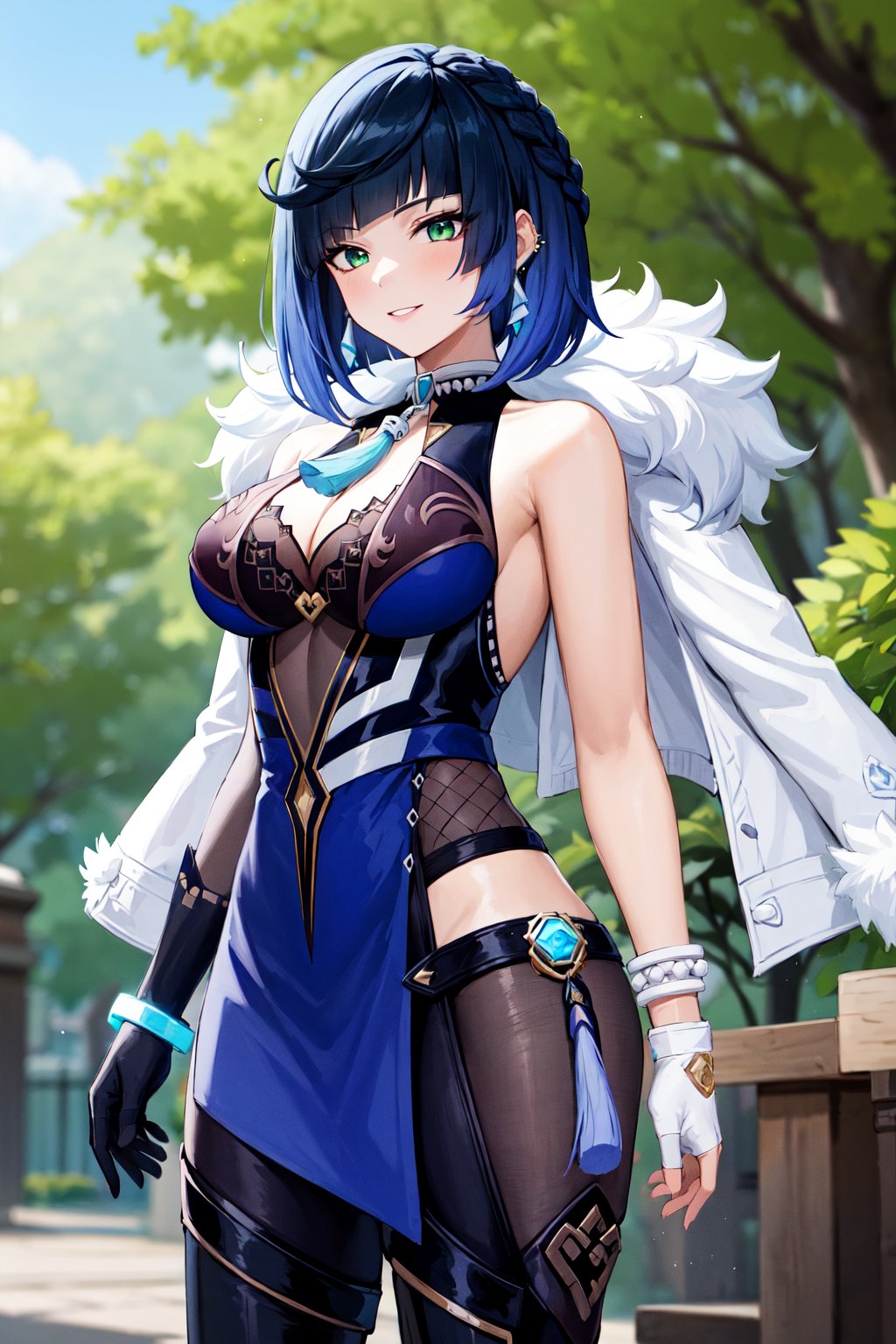 masterpiece, best quality, highres, aayelan, short hair, bob cut, braid, green eyes, earrings, neck tassel, jacket on shoulders, fur-trimmed jacket, white jacket, cleavage, blue dress, sleeveless, bracelet, asymmetrical gloves, fingerless gloves, elbow gloves, pelvic curtain, <lora:yelan_v1:0.7>, standing, cowboy shot, smile, outdoors