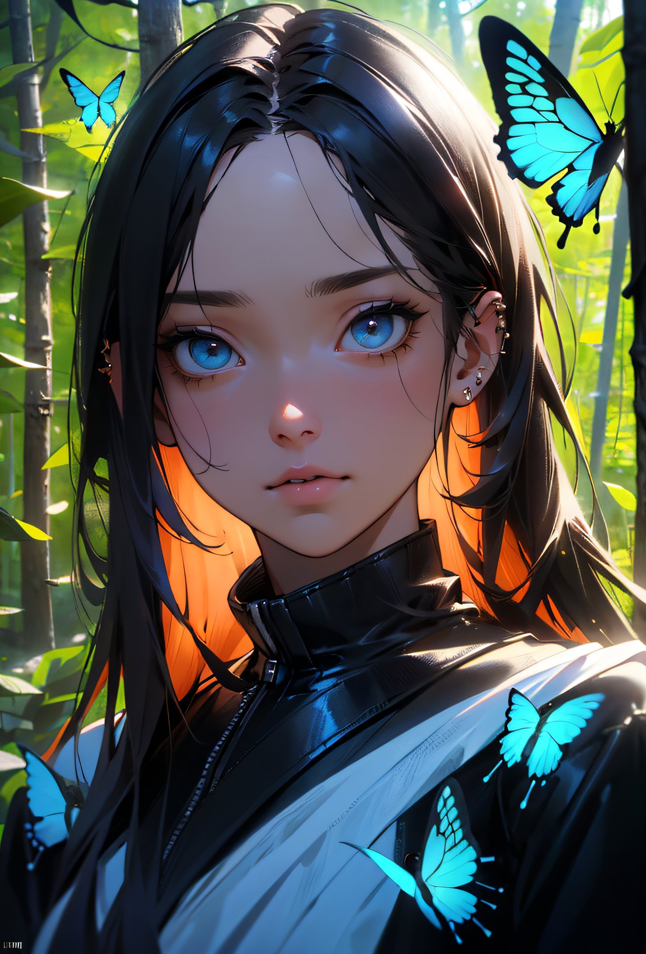 1girl, woman, masterpiece, high quality, solo focus, whole body, at a high angle, (perfect face: 1. 1) complex (great detail: 1. 1) body, eyes up, extremely detailed eyes and face, piercing gaze, big eyes, forest in the background, dense forest, butterflies, fireflies, Nikon d850 4 kodak portra 400 camera, f1. 6 lens, rich colors, hyperrealistic texture, dramatic unreal engine lighting is trending on Artstation Synestill 800, (masterpiece, best quality, hires, high quality, by professional artist, ultra detailed, extremely detailed, absurdres, incredibly resolution:1.2)