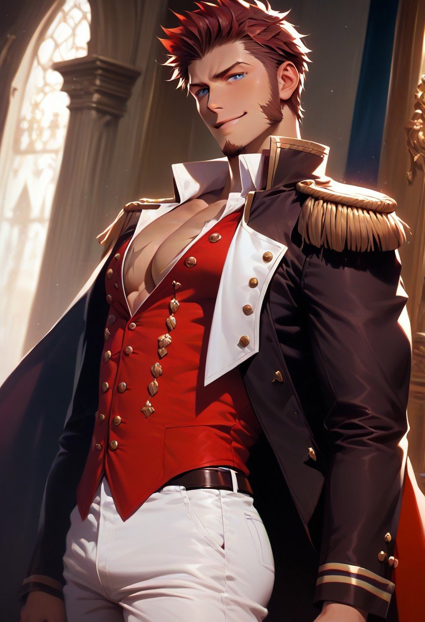 score_9, score_8_up, score_7_up, score_6_up, perfect anatomy, perfect proportions, best quality, masterpiece, high_resolution, high quality, aesthetic, absurdres male focus, napoleon bonaparte \(fate\), fate \(series\), fate/grand order, blue eyes, brown hair, short hair, long sideburns, facial hair, goatee, scar on chest, military uniform, napoleon bonaparte uniform\(fate\), white collared shirt, partially unbuttoned shirt, red vest, partially unbuttoned vest, black jacket, long sleeves, epaulettes, white pants, upperbody, cowboy shot, dutch angle, from side, slight smile, looking at viewer