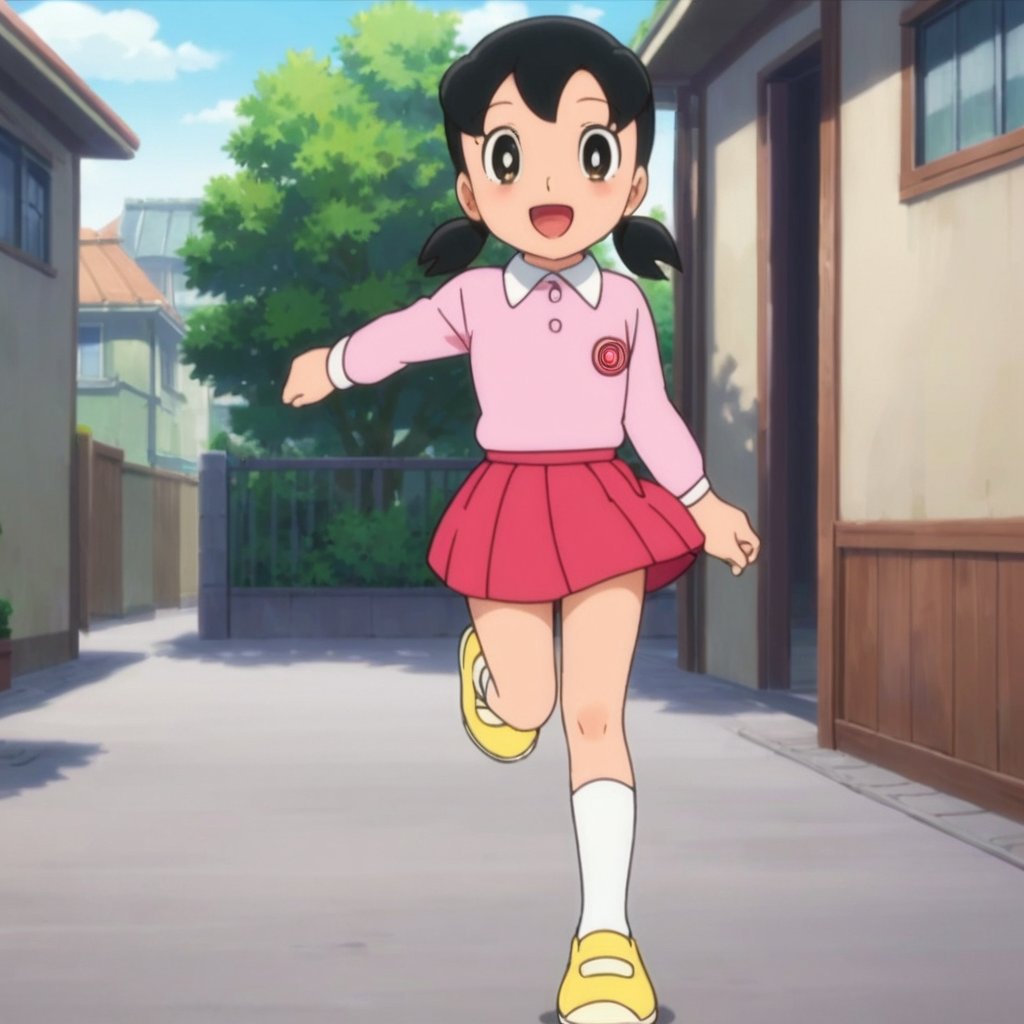 score_9, score_8_up, score_7_up, score_6_up, score_5_up, score_4_up, source_anime,minamoto shizuka,1girl, solo, skirt, outdoors, black hair, socks, white socks, twintails, red skirt, shoes, smile, shirt, open mouth, black eyes, pink shirt, looking at viewer, short twintails, kneehighs, collared shirt, long sleeves, :d, day, bright pupils, white pupils, house, low twintails, short hair, running, yellow footwear, blush, child, loli, masterpiece, perfect face, best quality, beautiful eyes, shiny eyes, anime coloring, anime screencap, absurdres, outdoors, <lora:minamoto shizuka auti 912:0.8>