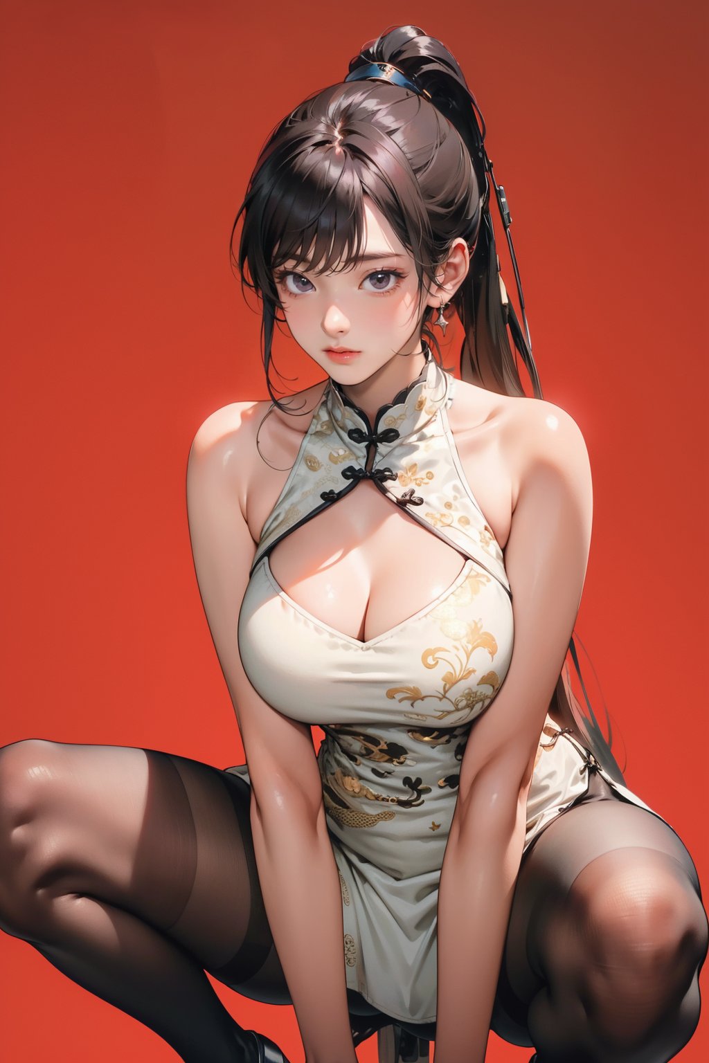 1girl,solo,red background,spread legs,squatting cowgirl position,very long hair,high ponytail,,ruanyi0608,bare shoulders,black pantyhose,china dress,cleavage,side slit,white dress,<lora:0608 Stellar Blade (national color peony)_v1:1>, best quality,masterpiece,highres,official art,extremely detailed cg unity 8k wallpaper