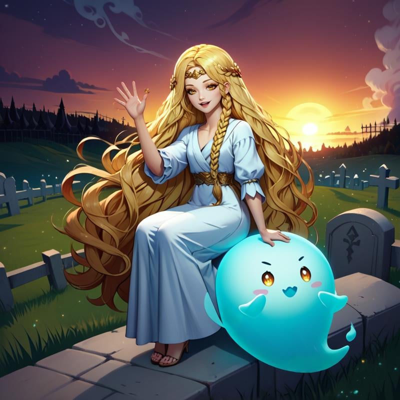 full body,<lora:miqeulla:1>,miquella,1boy,solo focus,solo,blonde hair,crown braid,multiple braids,hair flowing over,laurel crown,long blonde eye lashes,yellow eyes,white robe,sitting on a horse,side riding position,smile,open mouth,looking at viewer,waving,waving at viewer,graveyard,sunset,smoke,ghost,parted lips,o o,, score_9, score_8_up, score_7_up, perfect anatomy, source_anime, zPDXL2,