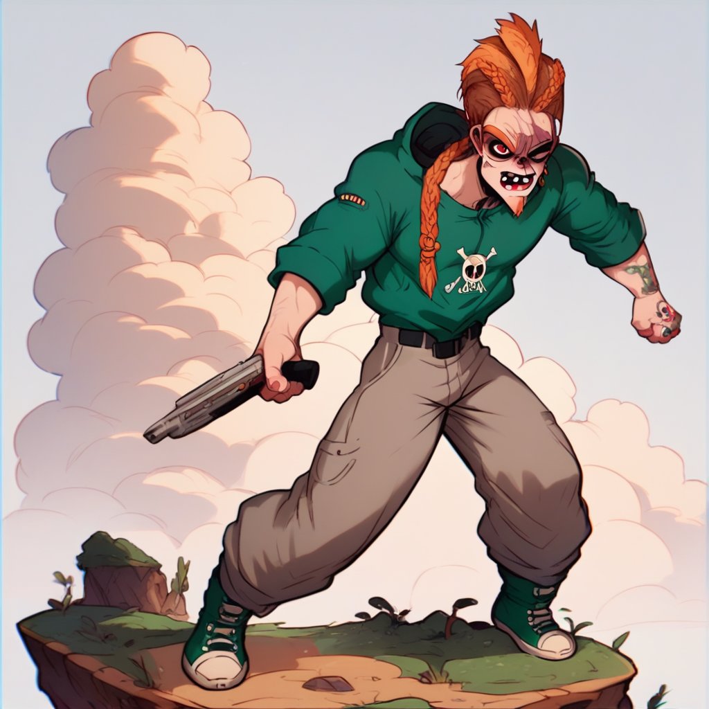 (score_9, score_8_up, score_7_up:1.2),source_anime,Gorka,full body, In a desolate desert landscape with rugged mountains rising in the background, Gorka stands tall in a full-body frontal pose, clothed in anime attire. He grips a bundle of rolled-up clothes in one arm and a pair of sneakers in the other, his facial expression determined as if ready to launch everything off a cliff overlooking a serene river valley.((one eye red and the other white without iris))