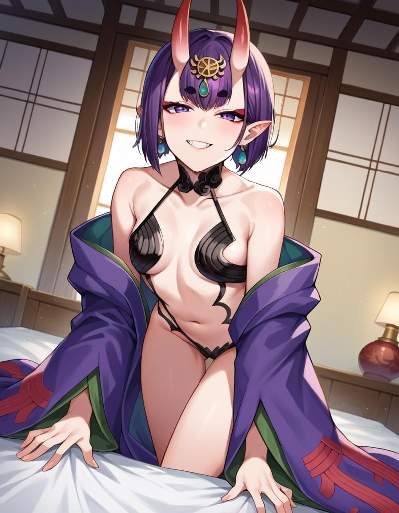 score_9, score_8_up, score_7_up, source_anime,shutendouji, <lora:shuten-douji-ponyxl-lora-nochekaiser:1>,shuten douji, purple eyes, earrings, eyeshadow, horns, makeup, oni horns, purple hair, red eyeshadow, short eyebrows, short hair, single earring, pointy ears, smile,bare shoulders, collarbone, japanese clothes, jewelry, long sleeves, revealing clothes, wide sleeves,indoors, bed, bed room, bent over,looking at viewer, dutch angle, cowboy shot,