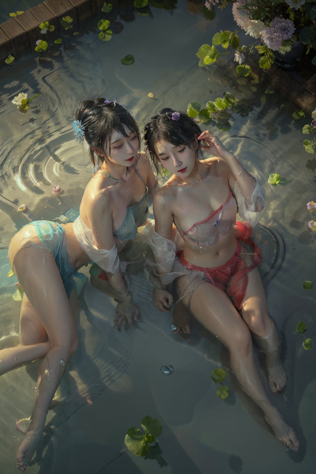 2 girls,hpflower,strapless,in the water,high quality,dynamic_angle,masterpiece,<lora:Gufeng_Xixi:0.7>,((water drops)),wet clothes,((beautiful detailed water)),((floating)),dynamic angle,