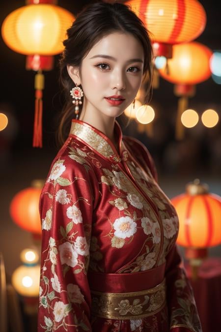 Spring Festival,1girl,solo,lantern,red lips,hair ornament,looking at viewer,chinese clothes,blurry,upper body,paper lantern,earrings,jewelry,makeup,black hair,brown hair,lipstick,smile,best quality,masterpiece,illustration,an extremely delicate and beautiful,CG,unity,8k wallpaper,Amazing,finely detail,masterpiece,official art,extremely detailed CG unity 8k wallpaper,incredibly absurdres,huge filesize,ultra-detailed,highres,extremely detailed,beautiful detailed girl,realistic,<lora:Spring Festival_20240128014515:0.8>,