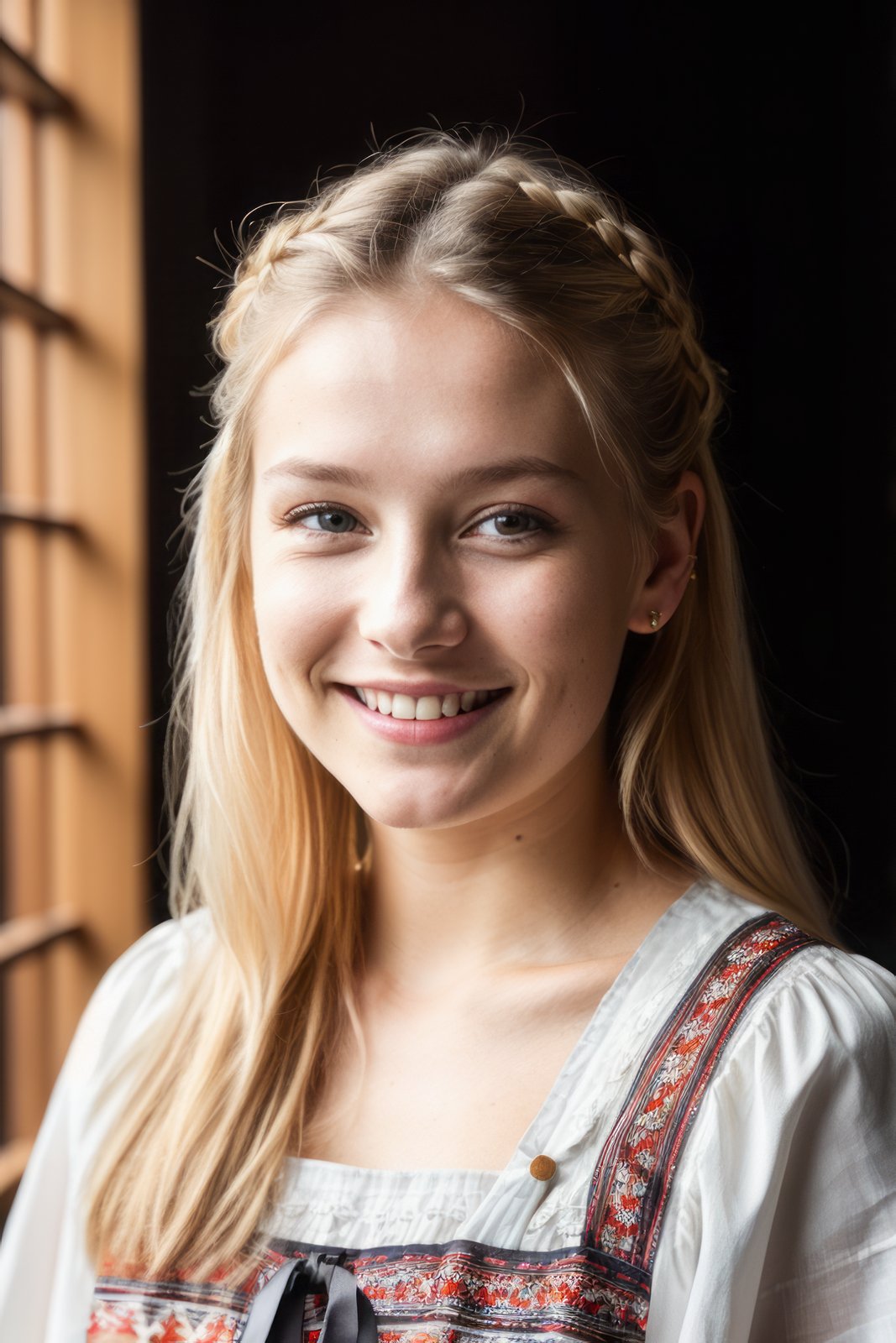 a photo portrait of a beautiful Finnish girl wearing traditional clothes, (smile, happy), (face portrait:1.5), dramatic light , Rembrandt lighting scheme, (hyperrealism:1.2), (8K UHD:1.2), (photorealistic:1.2), shot with Canon EOS 5D Mark IV, detailed face, detailed hair  