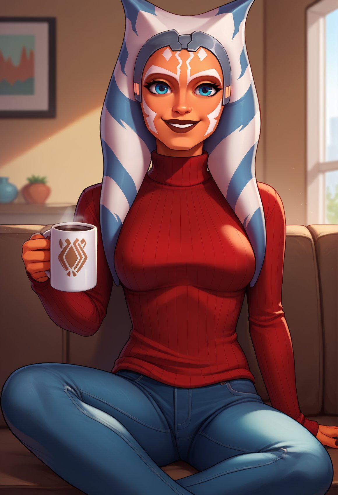 score_9, score_8_up, score_7_up, female, solo, grey headband, ahss7, medium breasts, <lora:AhsokaS7PDXL_V1-Manityro-adamw:0.8>, indoors, living room, couch, looking at viewer, smile, sitting, dark red sweater, turtleneck sweater, ribbed sweater, jeans, holding mug, hot chocolate, 